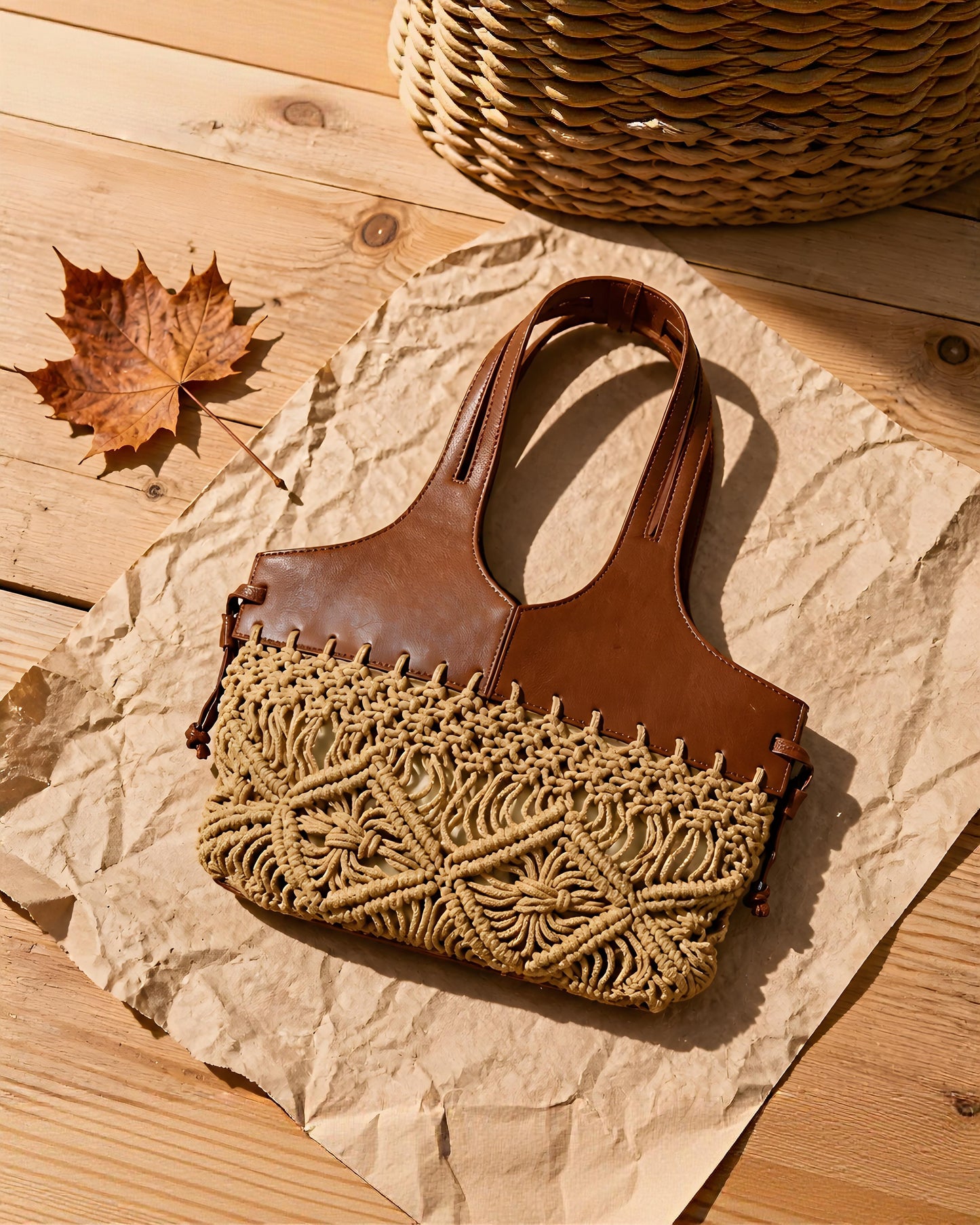 Bolso de mano estilo pouch minimalista en color crema de la marca EUTEA, confeccionado en piel sintética con diseño drapeado y un cierre rígido superior de acrílico brillante con broches geométricos, colocado sobre una mesita de noche de madera.