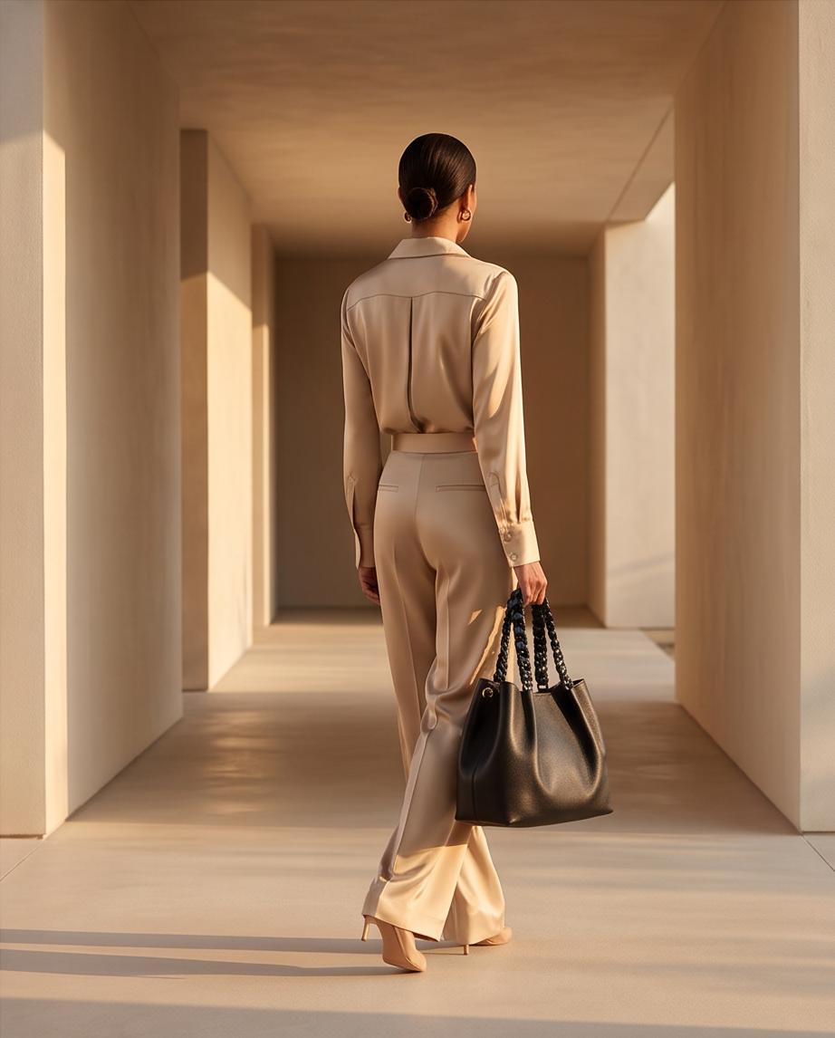 Modelo caminando de espaldas luciendo el bolso shopper Maristas combinado con traje de seda.