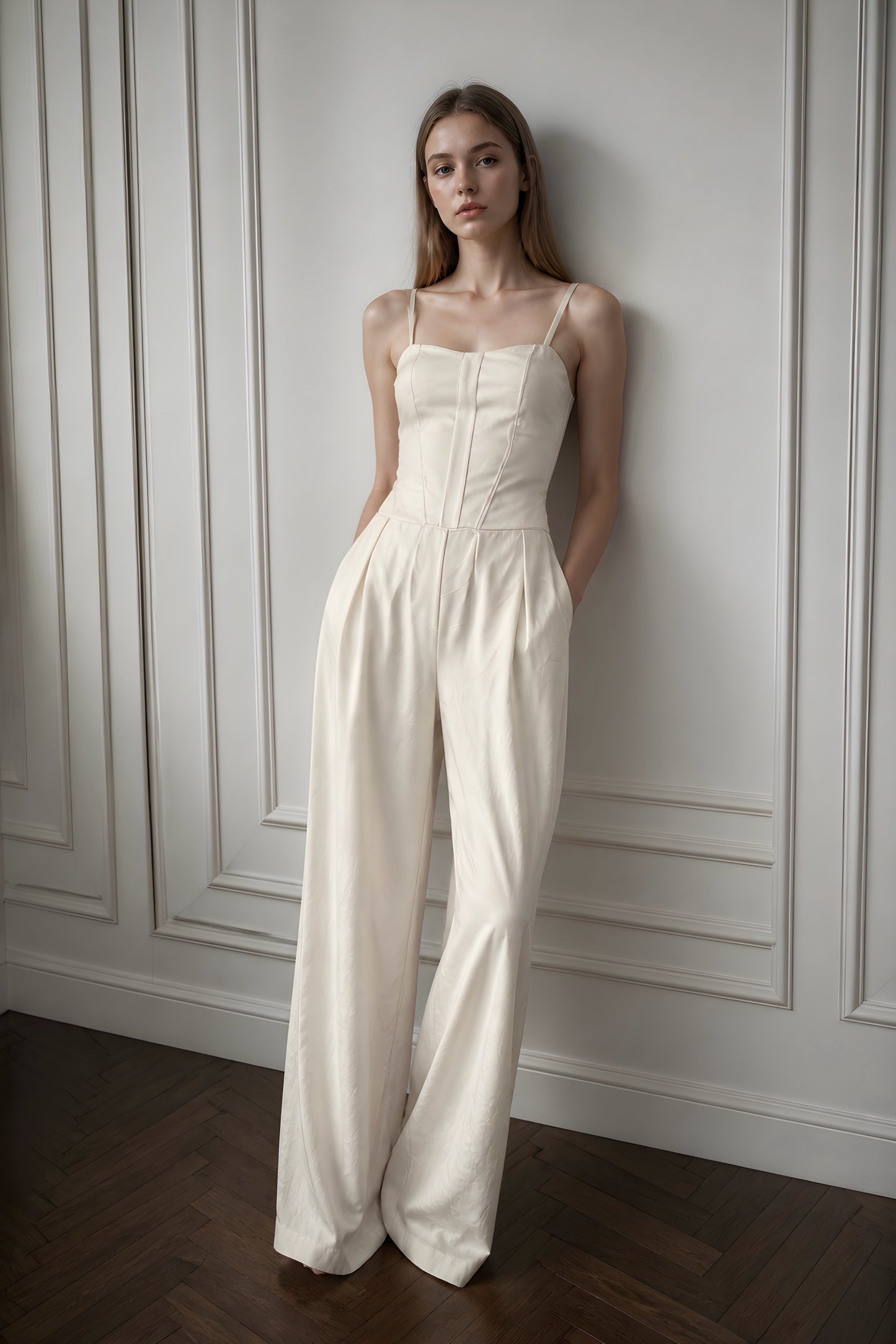 Modelo de frente con el Mono Giorgeta en tono beige claro destacando el corte corsé de la cintura y las pinzas del pantalón.