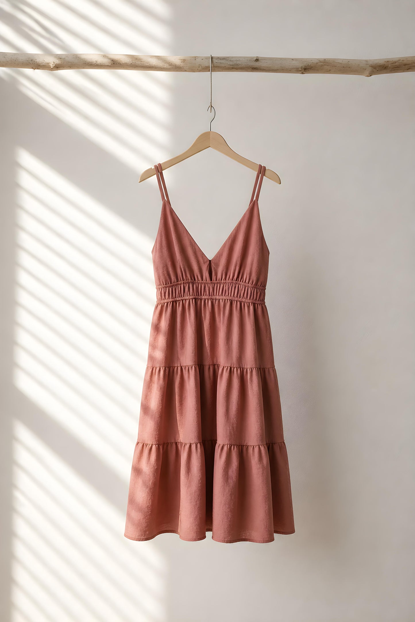 Vestido corto de tirantes color rosa terracota con cintura fruncida en un perchero - Eutea