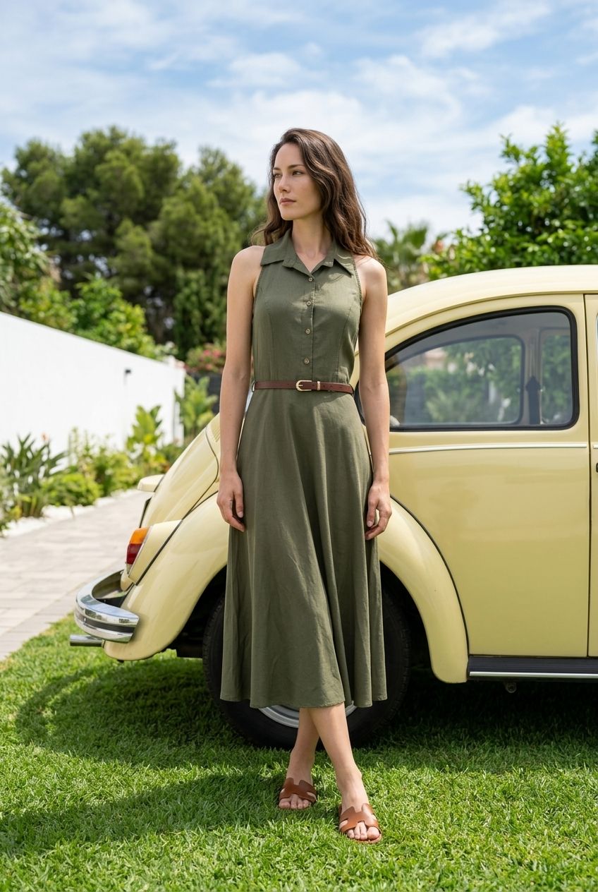 Modelo de frente con el vestido midi de estilo safari verde caqui con cinturón Álvaro de Eutea.