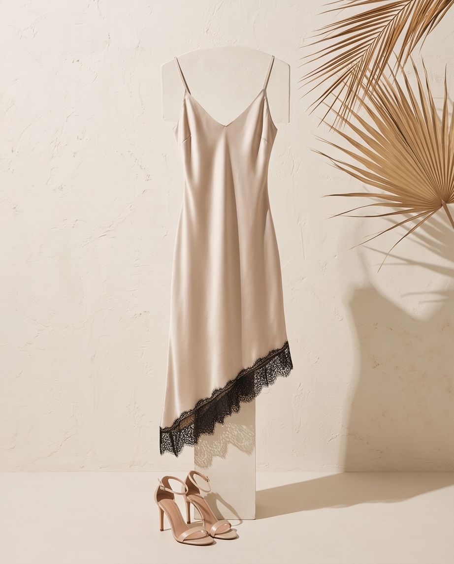 Vestido Somera beige con tirantes finos y bajo de encaje