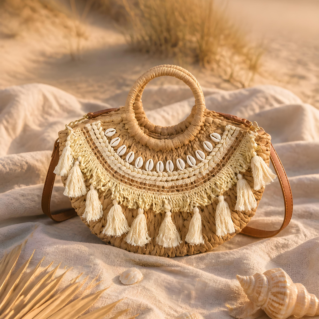Bolso de rafia de estilo mediterráneo sobre fondo natural de verano - Colección Bolsos EuTea