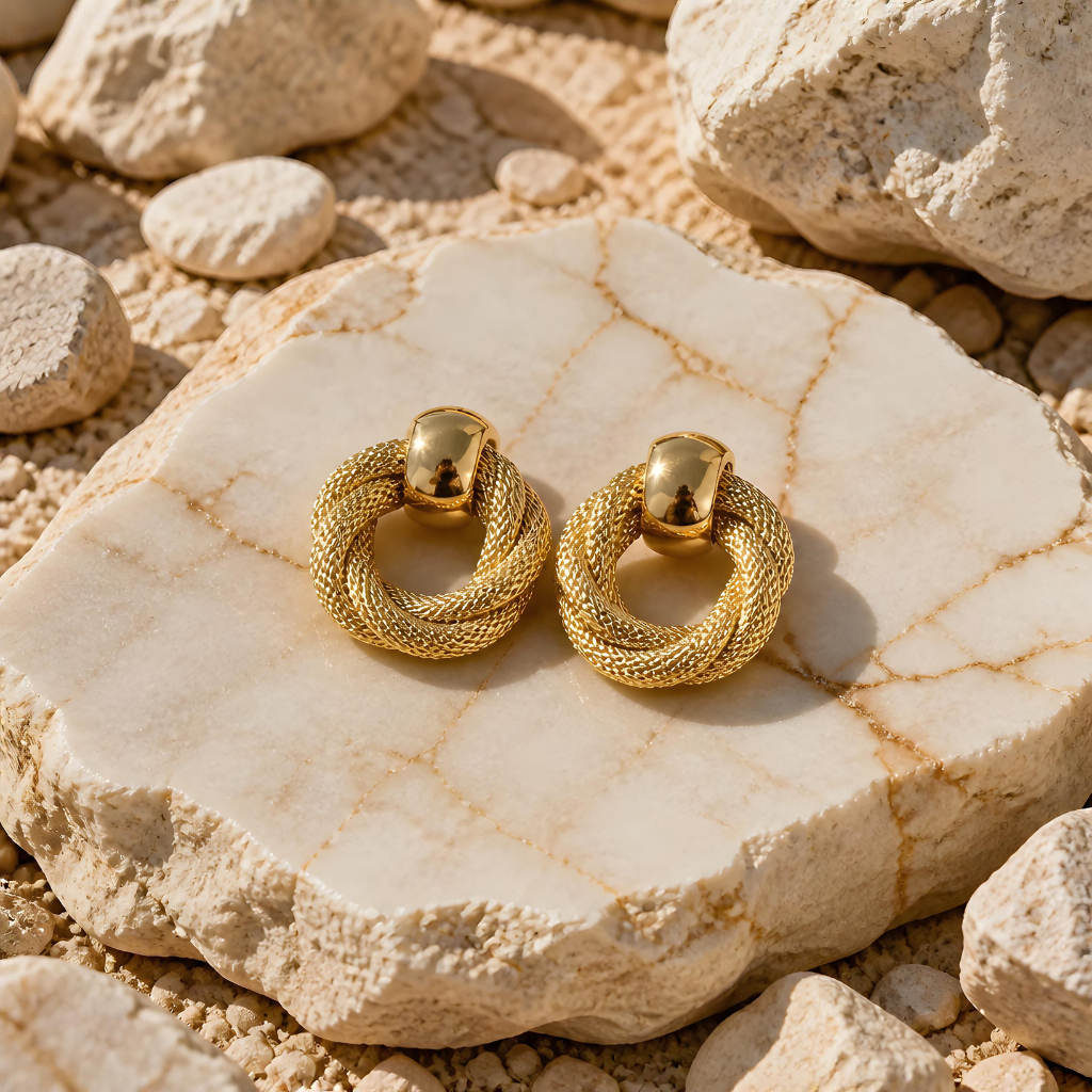 Detalle de joyería y pendientes dorados de inspiración mediterránea y sol - Colección Complementos EuTea