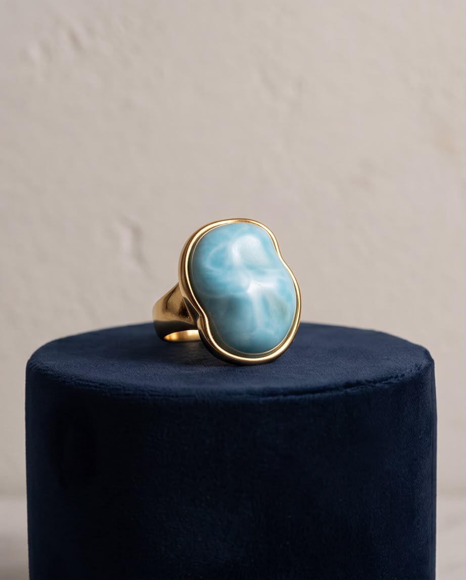 Anillo Calpe dorado con piedra turquesa de acabado natural.