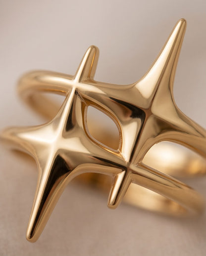 Detalle de anillo Carboneras dorado de acero inoxidable con diseño inspirado en estrellas y tamaño ajustable.