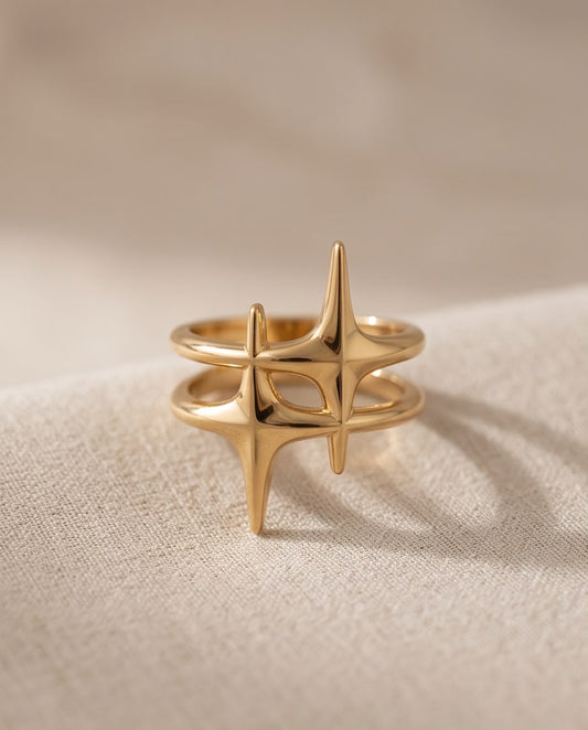 Anillo Carboneras dorado de acero inoxidable con diseño inspirado en estrellas y tamaño ajustable.