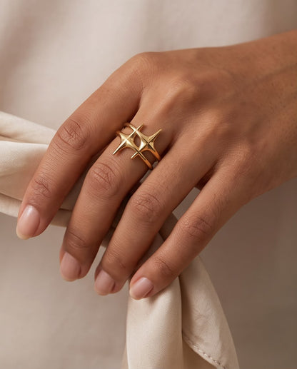 Anillo Carboneras dorado de acero inoxidable con diseño inspirado en estrellas y tamaño ajustable.