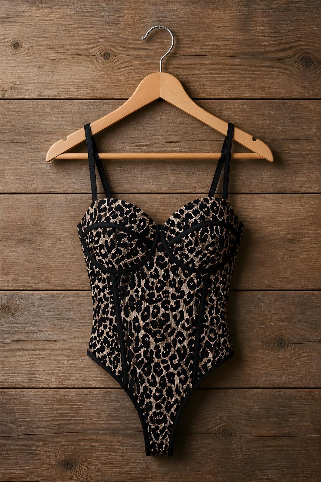 Body de fiesta ajustado con estampado de leopardo texturizado y diseño de corsé con escote corazón - Eutea