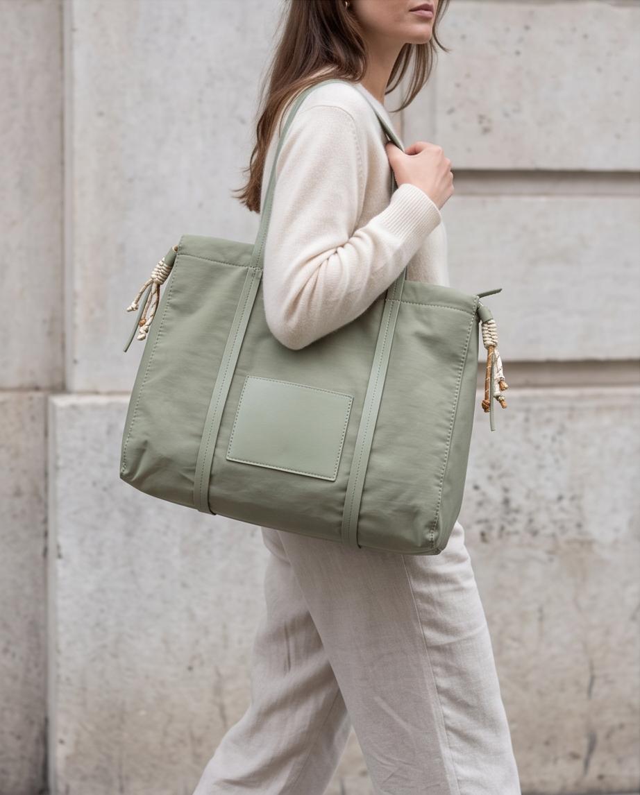 Bolso Búzios verde salvia llevado al hombro