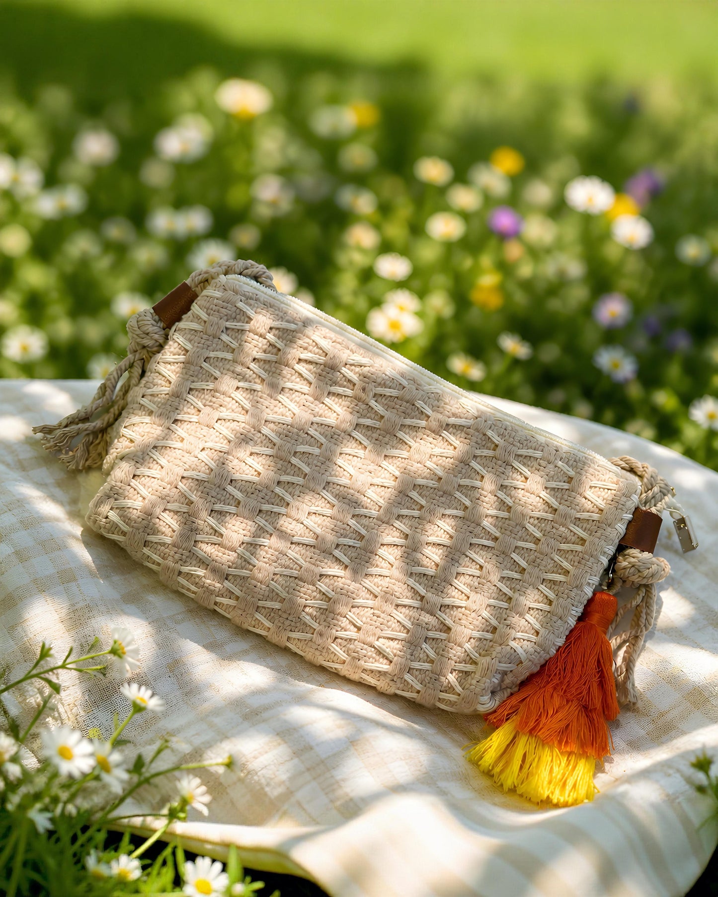 Vista frontal del bolso bandolera Castellar de EUTEA, confeccionado con un suave tejido de algodón trenzado en color arena natural, con una correa de cordón y una borla en degradé naranja y amarillo.