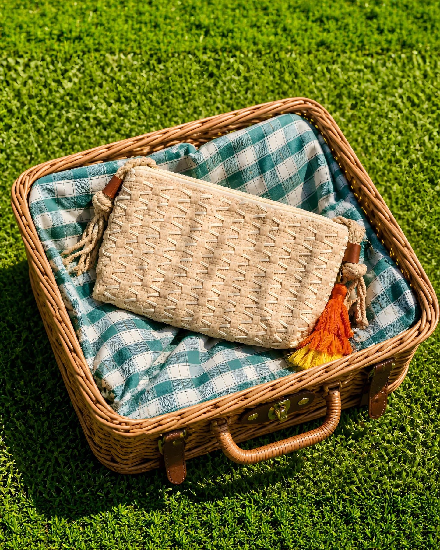 Vista frontal del bolso bandolera Castellar de EUTEA, confeccionado con un suave tejido de algodón trenzado en color arena natural, con una correa de cordón y una borla en degradé naranja y amarillo.