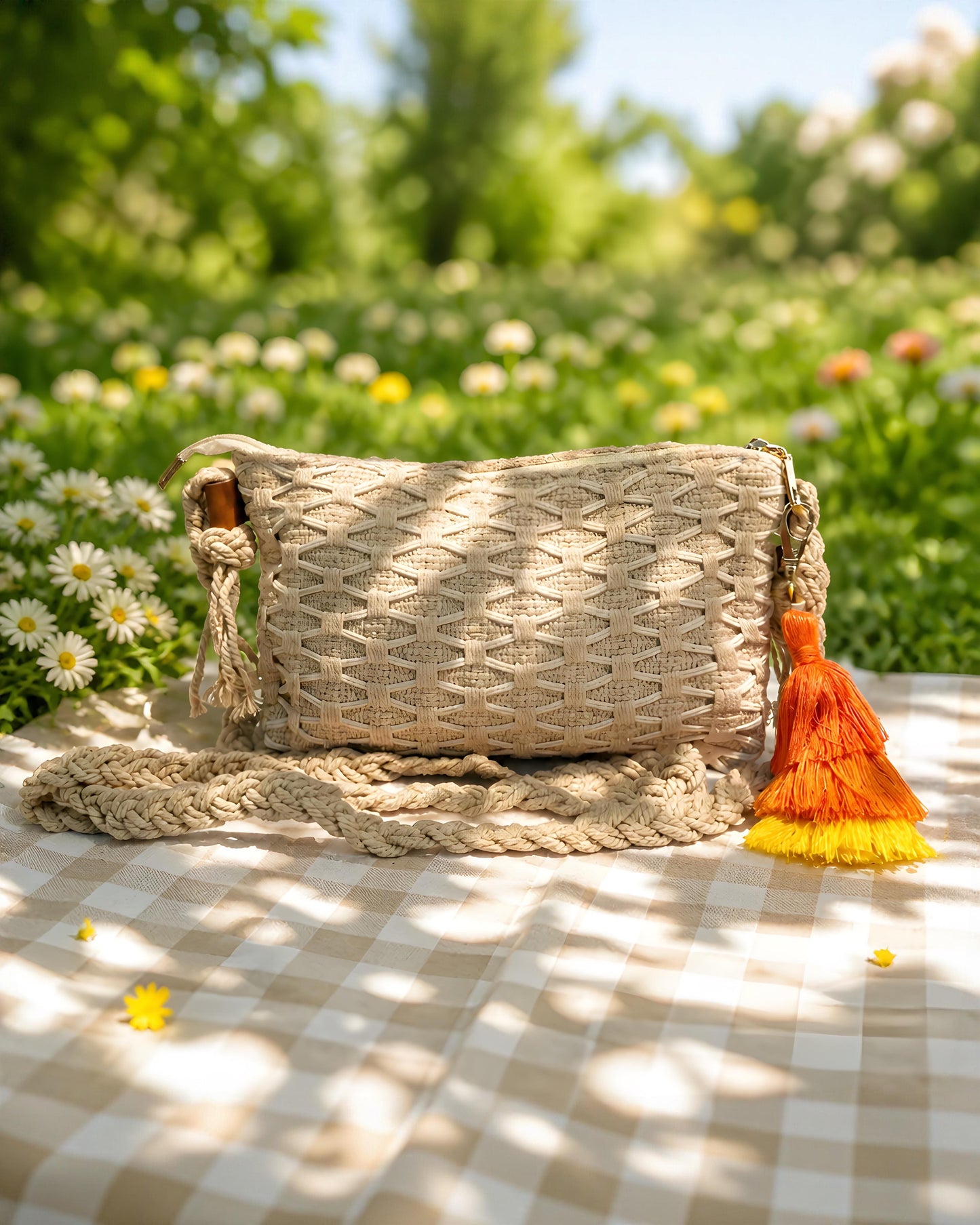 Vista frontal del bolso bandolera Castellar de EUTEA, confeccionado con un suave tejido de algodón trenzado en color arena natural, con una correa de cordón y una borla en degradé naranja y amarillo.