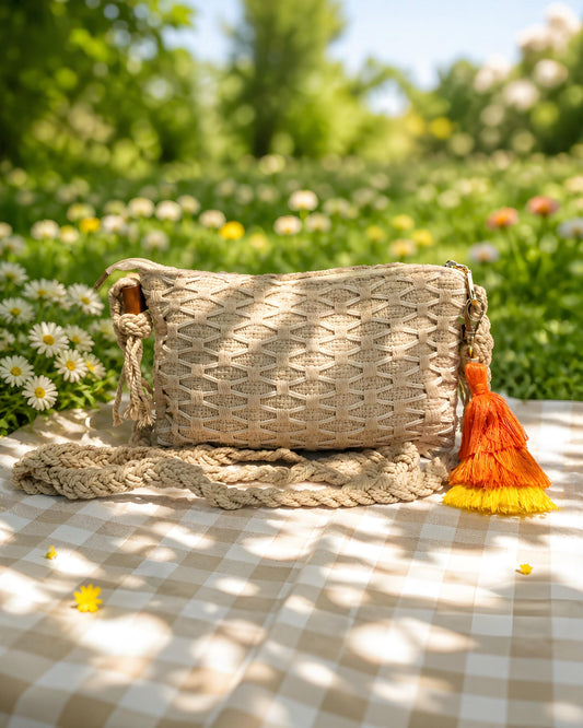 Vista frontal del bolso bandolera Castellar de EUTEA, confeccionado con un suave tejido de algodón trenzado en color arena natural, con una correa de cordón y una borla en degradé naranja y amarillo.