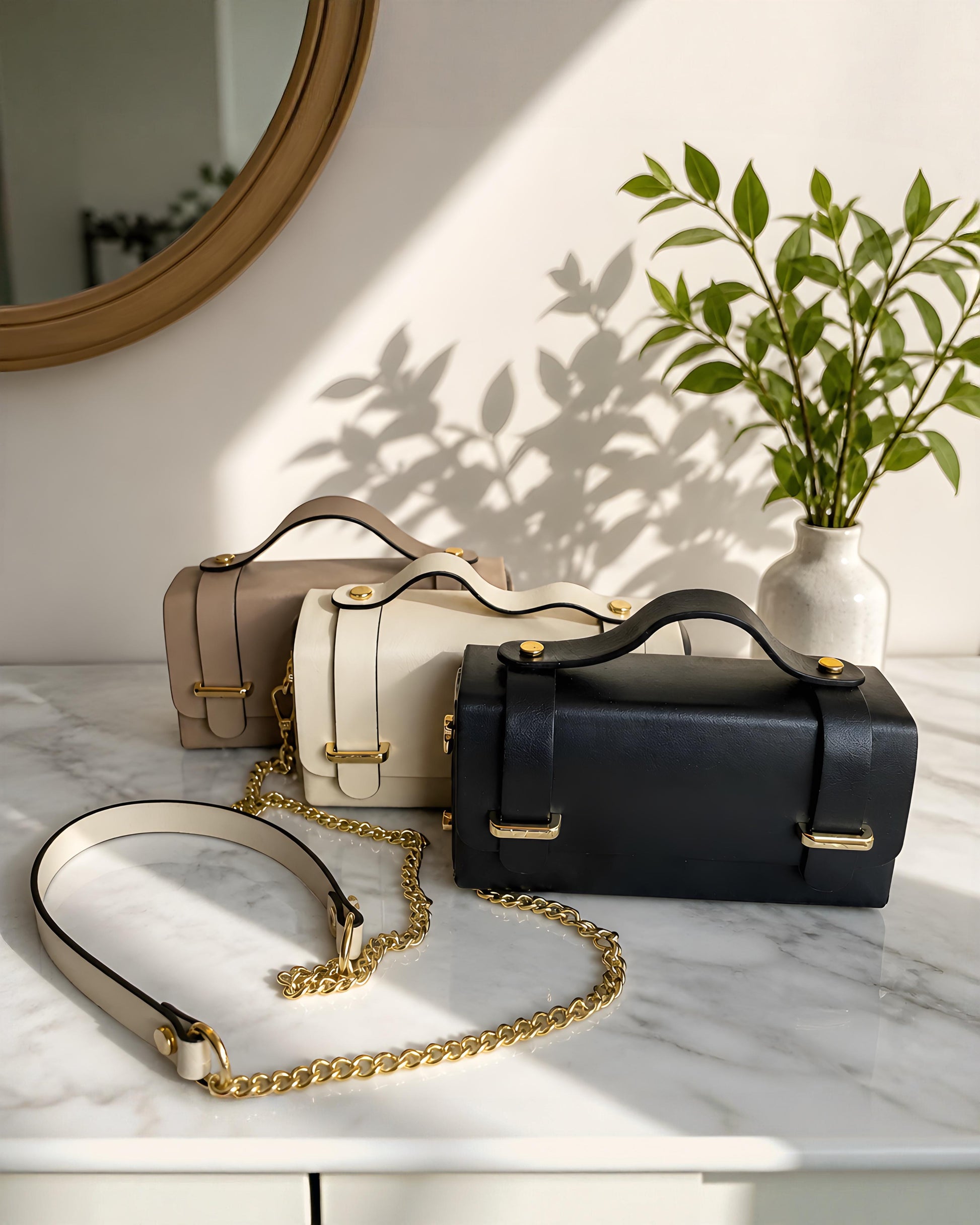 Bolso bandolera estructurado de cuero modelo Cunit de la marca EUTEA, expuesto en tres colores (negro, blanco marfil y beige camel) sobre una superficie de mármol con elegantes herrajes dorados y correa de cadena combinada.