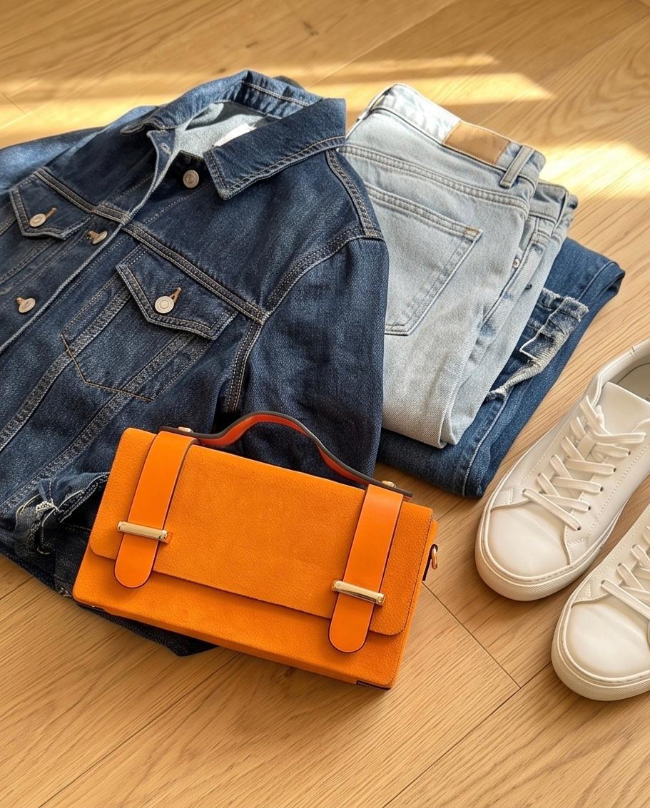Vista del bolsos de mano de cuero rígido modelo Cunit en color naranja.