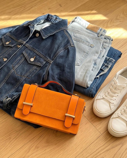 Vista del bolsos de mano de cuero rígido modelo Cunit en color naranja.