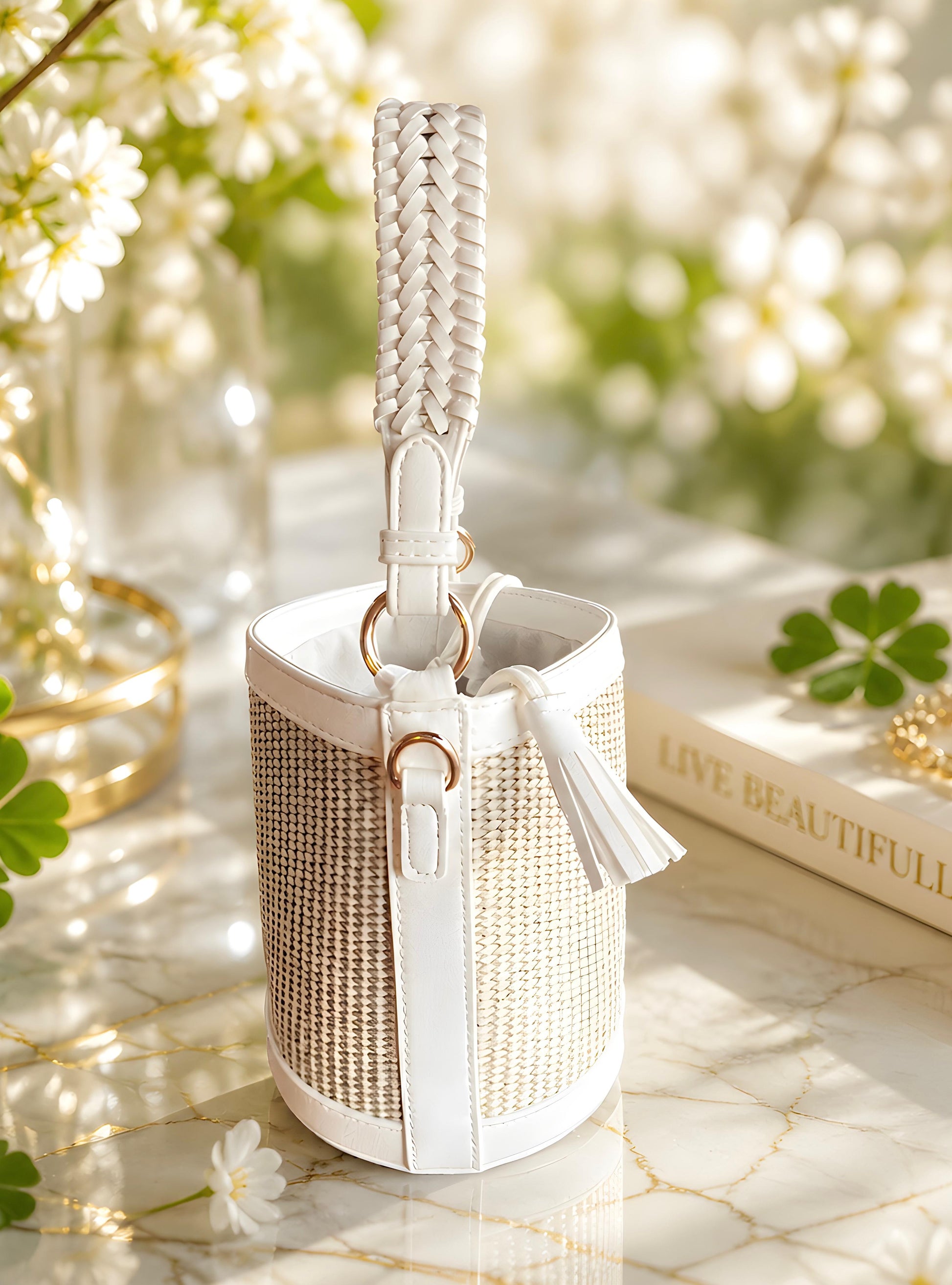 Detalle lateral de bolso capazo mini Niza de la marca EuTea, de tejido efecto rafia natural y detalles en piel sintética blanca con asa corta trenzada.