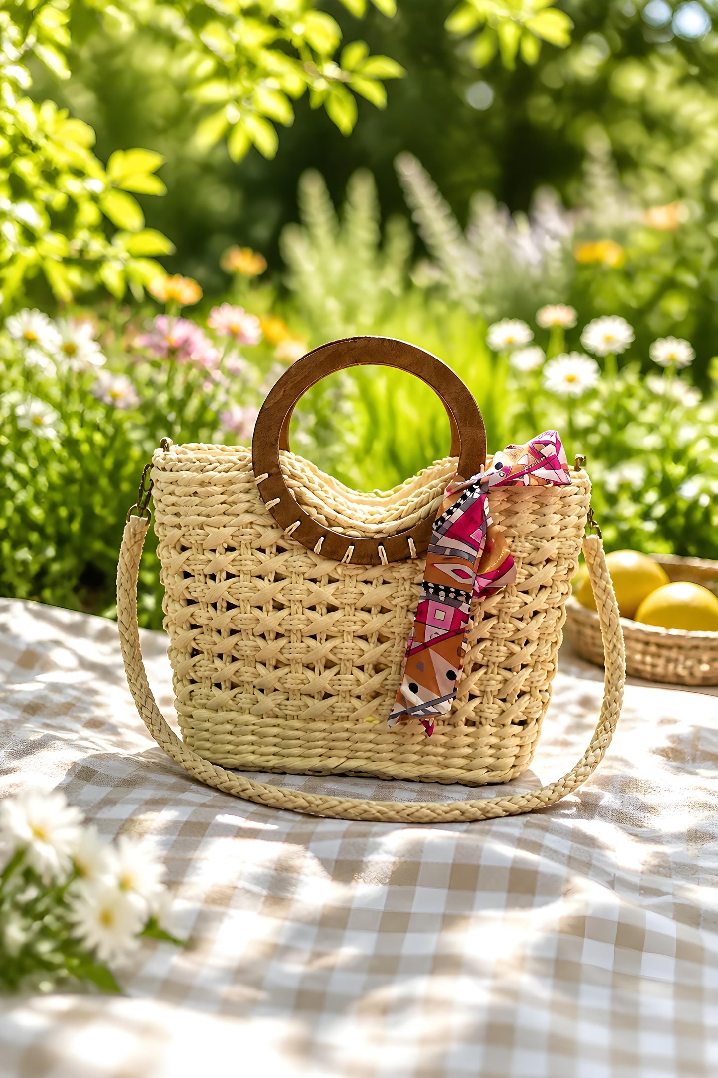 Bolso capazo Ischia de paja de papel trenzada color crema con asa redonda de madera y pañuelo estampado sobre un mantel de picnic.