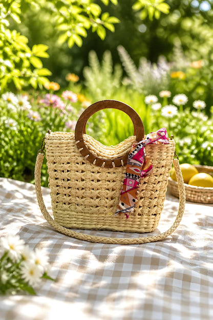 Bolso capazo Ischia de paja de papel trenzada color crema con asa redonda de madera y pañuelo estampado sobre un mantel de picnic.