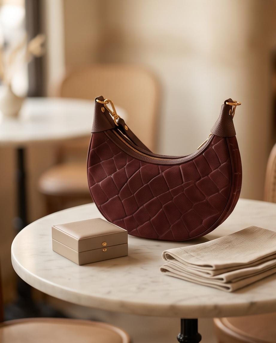 Bolso Copacabana burdeos de piel con diseño media luna
