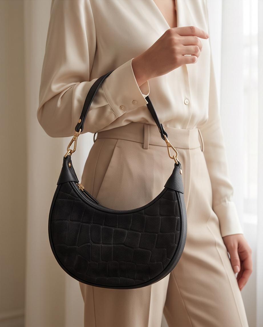 Bolso Copacabana negro de piel llevado al hombro
