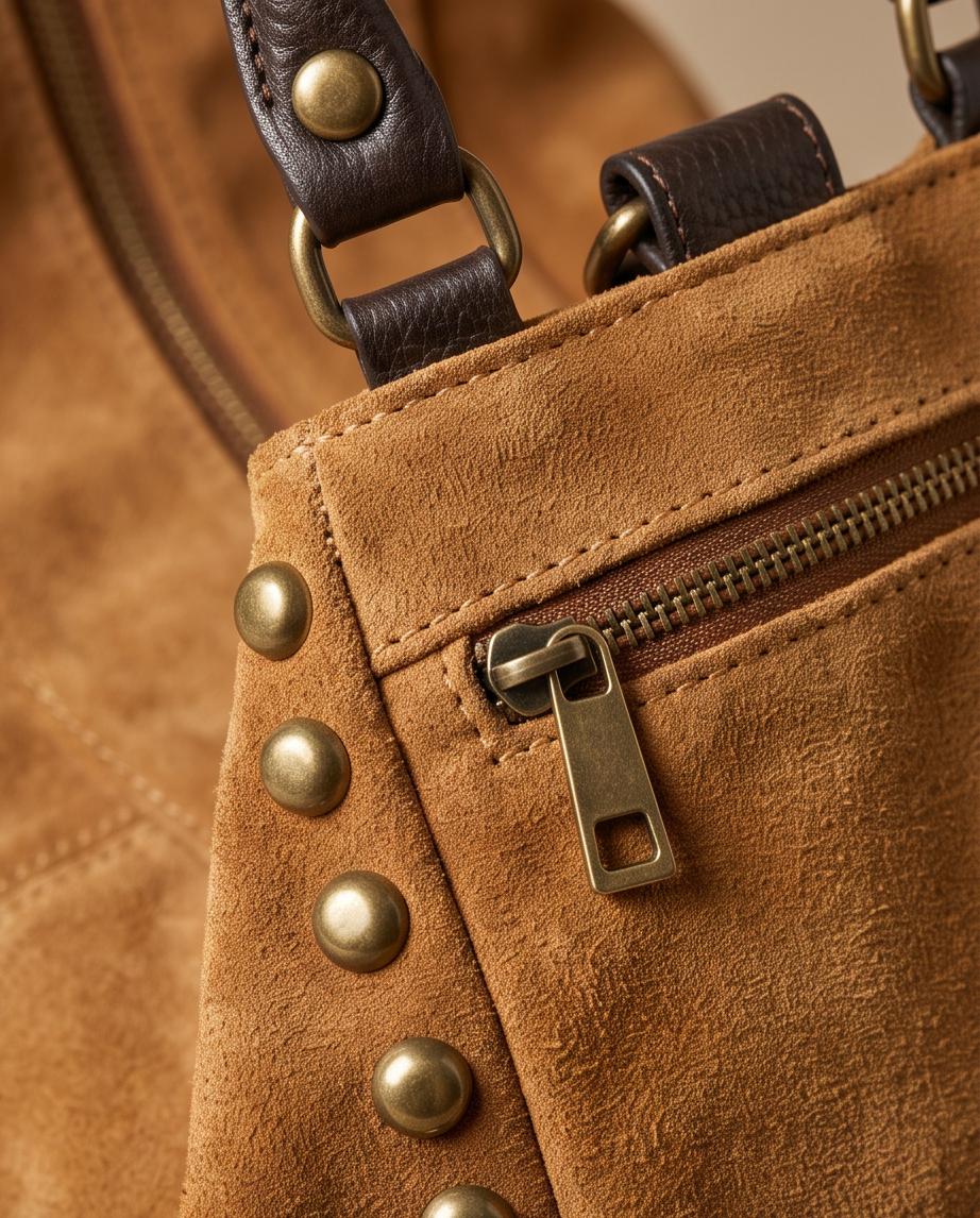 Detalle del bolso Jericoacoara camel de cuero con cremallera y remaches