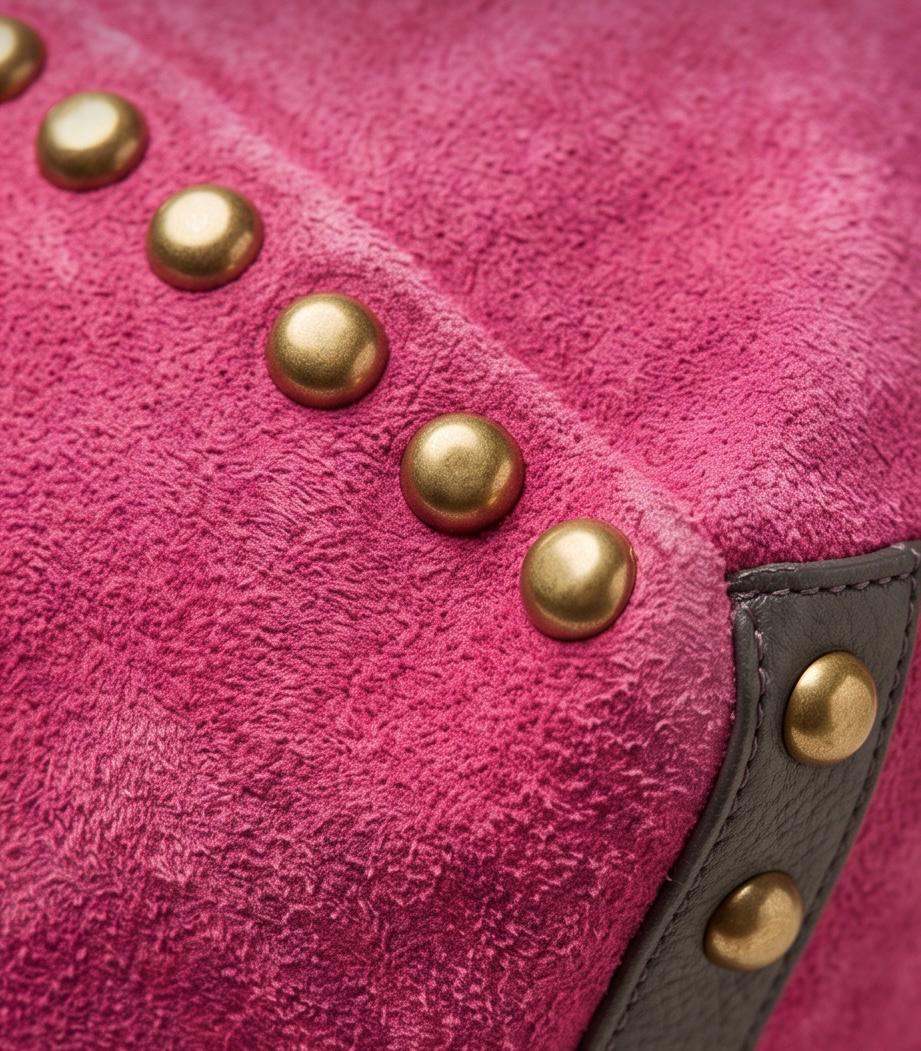 Detalle del cuero fucsia y remaches del bolso Jericoacoara