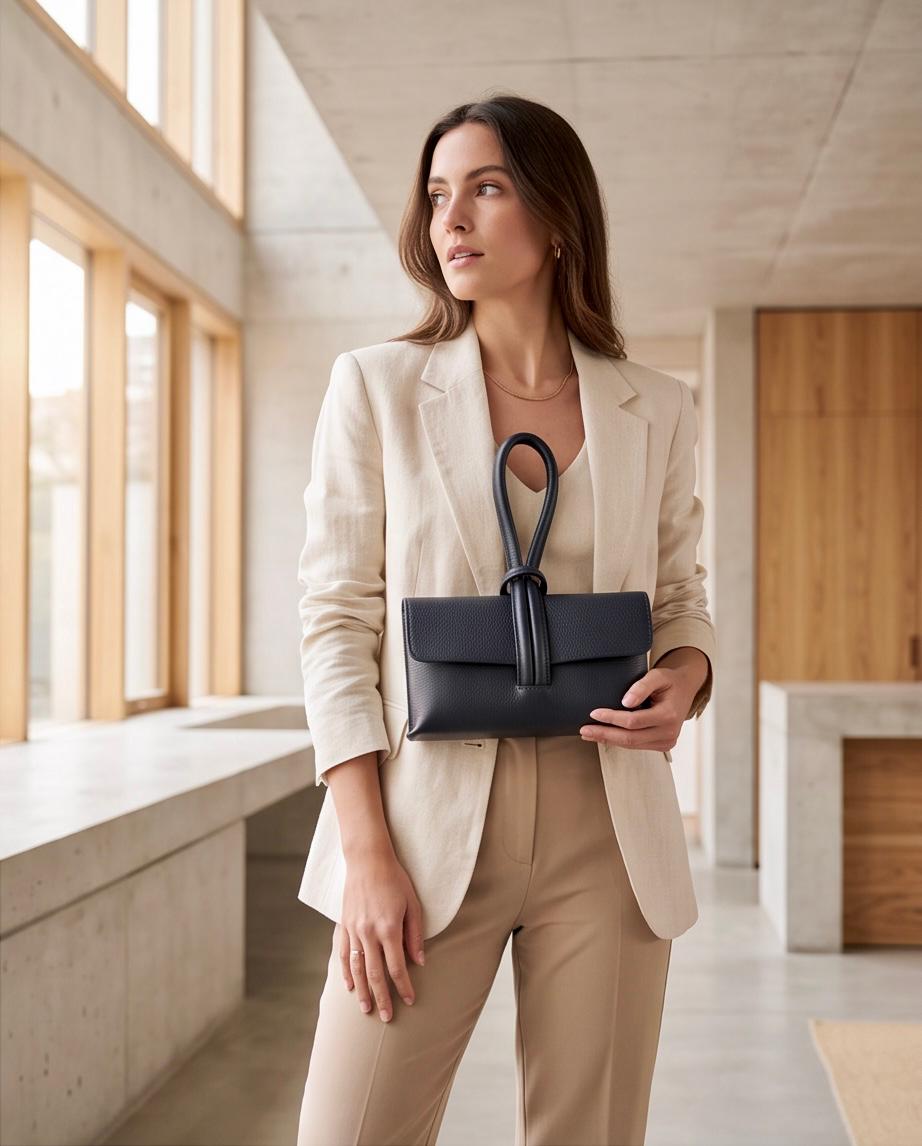 Modelo sosteniendo el bolso de mano Gaviotas en piel azul noche combinado con blazer beige.