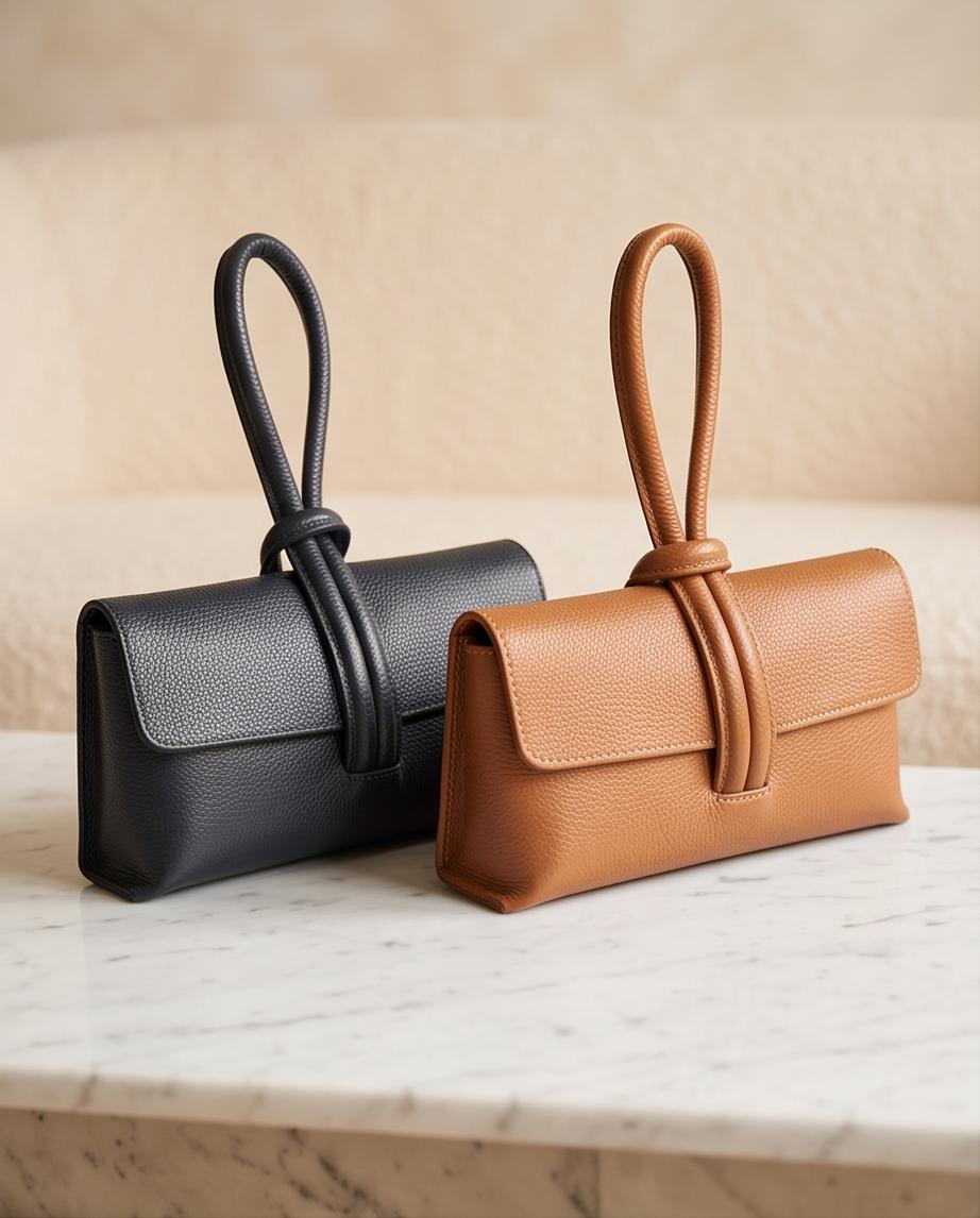 Bolsos de piel italiana Gaviotas en tonos azul noche y camel sobre mesa de mármol.
