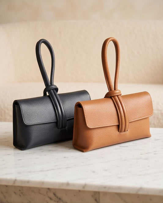 Bolsos de piel italiana Gaviotas en tonos azul noche y camel sobre mesa de mármol.