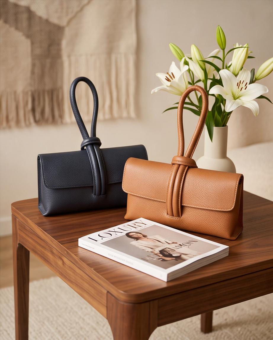 Bolsos Gaviotas en azul marino oscuro y camel sobre mesa de madera con revista y florero.
