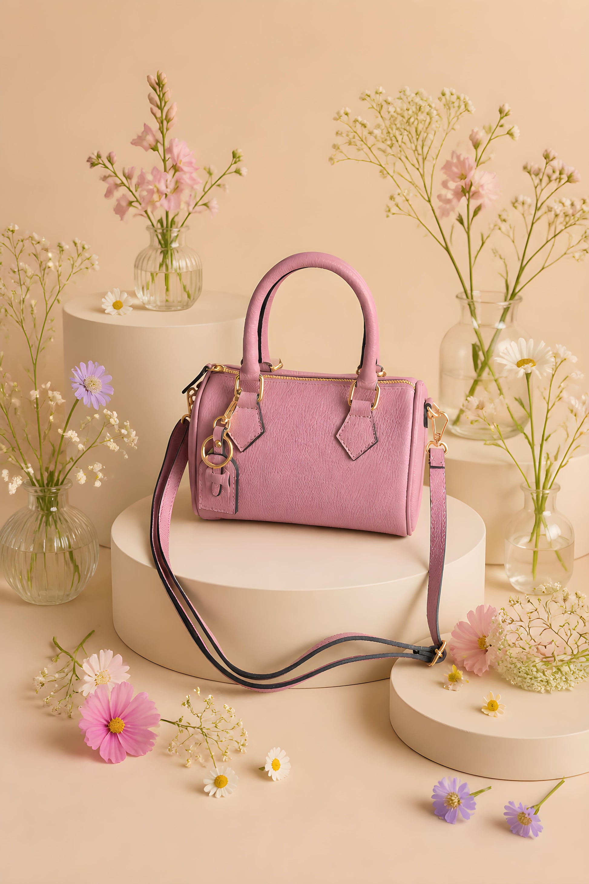 Bolso de mano de piel rosa Jacinto expuesto en un bodegón decorativo con flores de primavera.