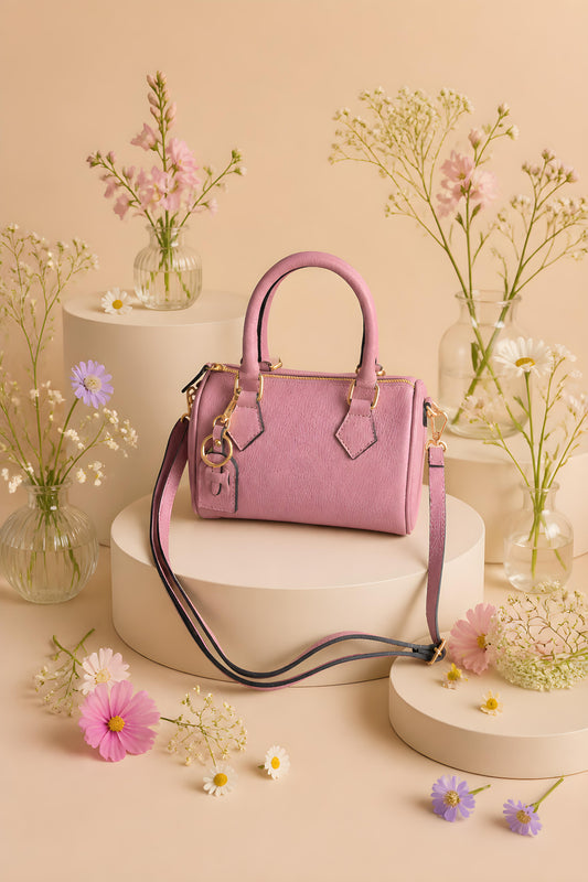 Bolso de mano de piel rosa Jacinto expuesto en un bodegón decorativo con flores de primavera.