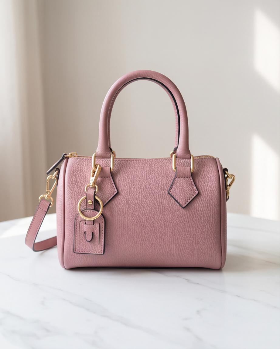 Bolso de piel italiana Jacinto en color rosa empolvado con asas de mano y adorno dorado sobre mesa de mármol.