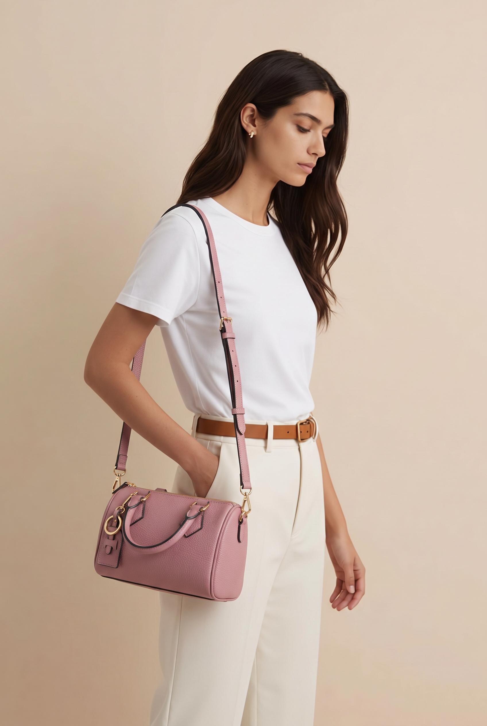 Modelo luciendo el bolso de piel rosa Jacinto como bandolera combinado con camiseta blanca y pantalón beige.