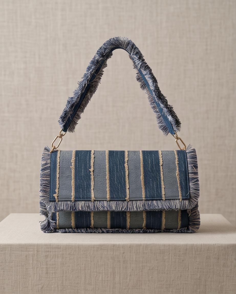 Bolso de mujer Trancoso en denim azul con asa y flecos