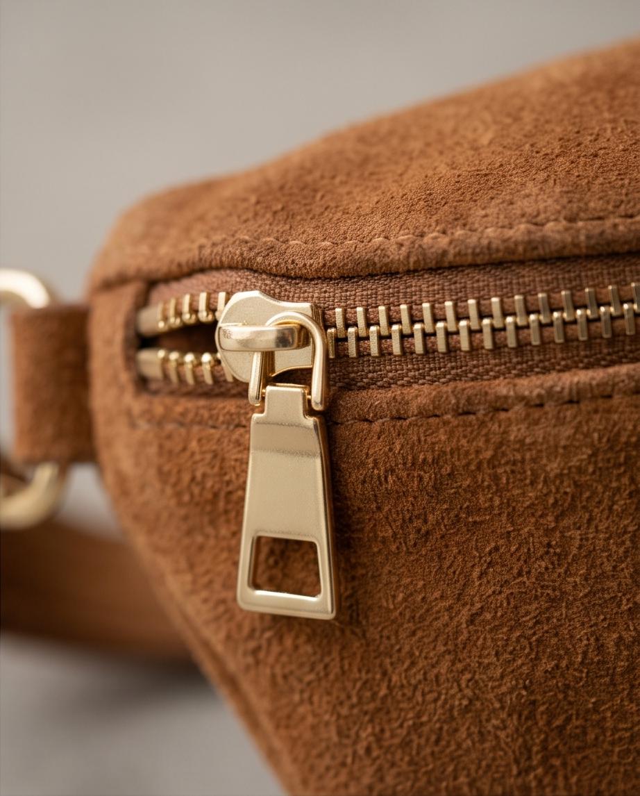 Detalle de cremallera dorada del bolso Ipanema de piel marrón