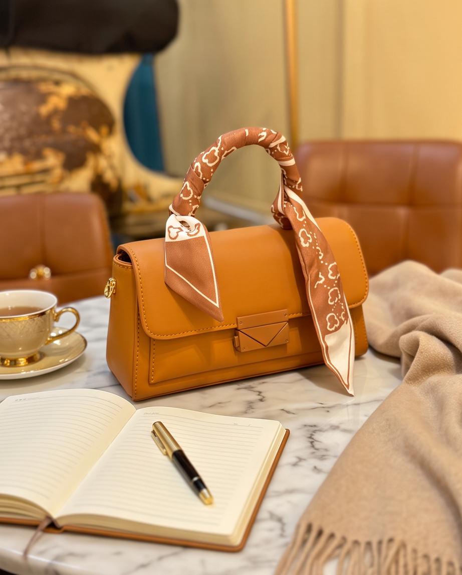 Bolso Leblon camel con pañuelo estampado
