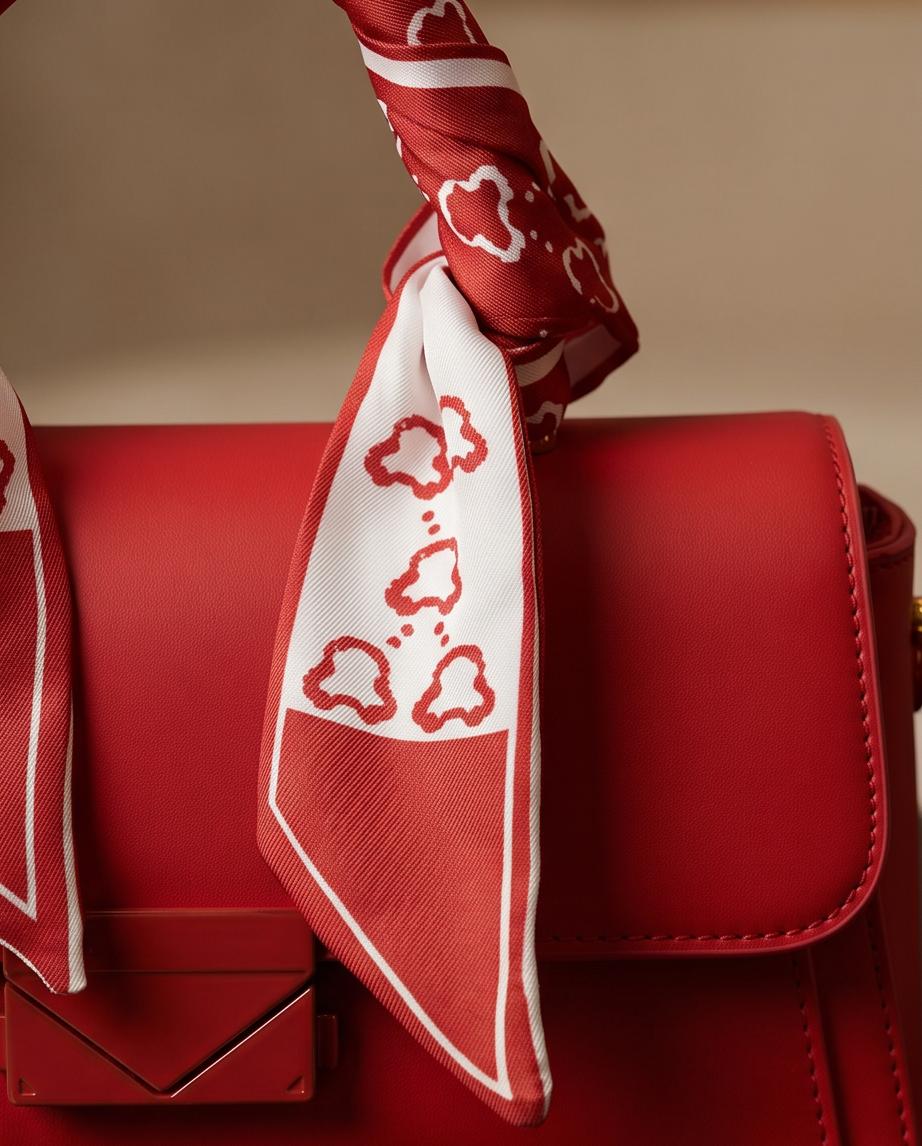 Detalle bolso Leblon rojo con pañuelo estampado