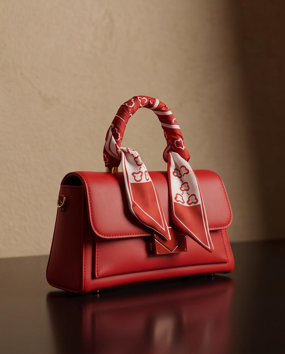 Bolso Leblon rojo estructurado con pañuelo estampado
