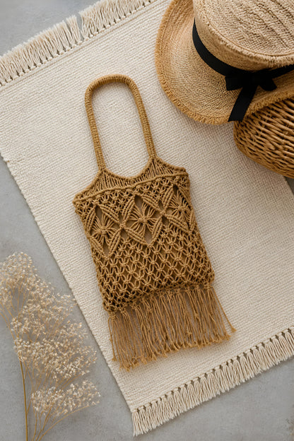 Bolso de estilo boho Intreccio en macramé de color camel tostado junto a un sombrero de paja de verano.