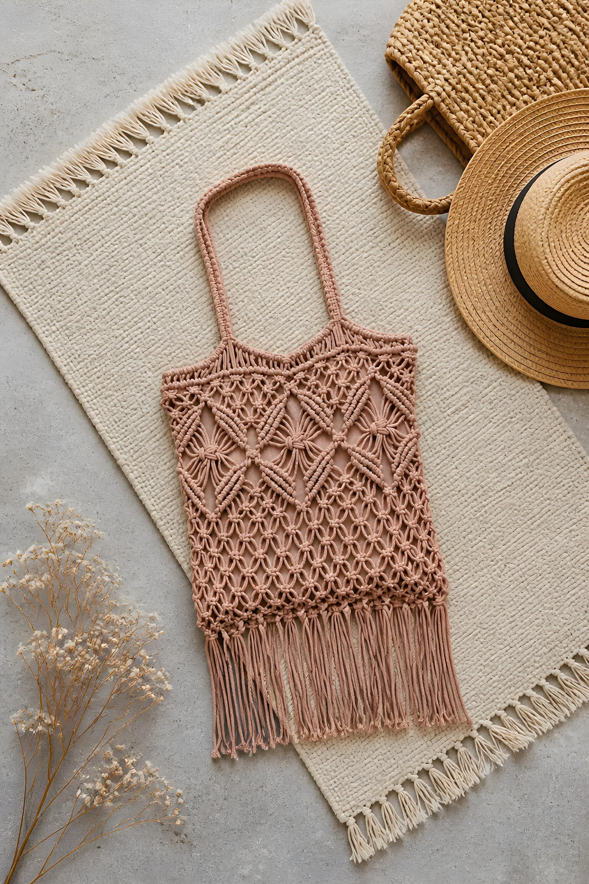 Bolso de hombro Intreccio tejido en macramé color rosa viejo con flecos largos sobre una alfombra rústica.