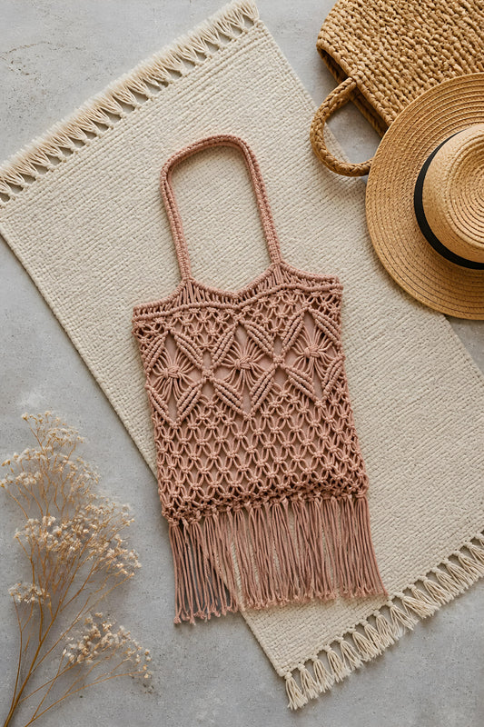 Bolso de hombro Intreccio tejido en macramé color rosa viejo con flecos largos sobre una alfombra rústica.