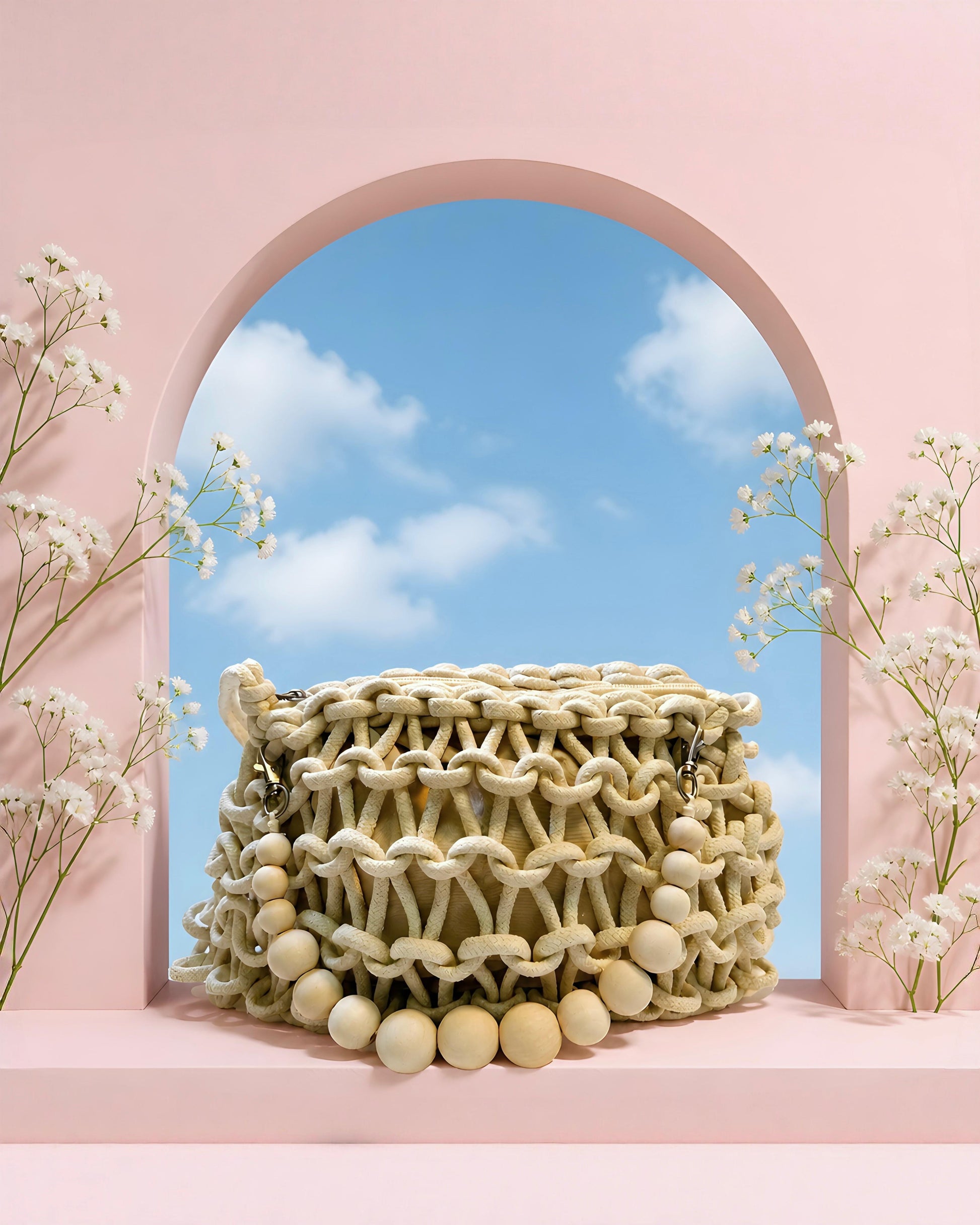 Vista detallada del bolso Calella de EUTEA, mostrando el intrincado tejido de nudos de macramé, el cierre superior de cremallera y el forro interior estructurado en tono beige.