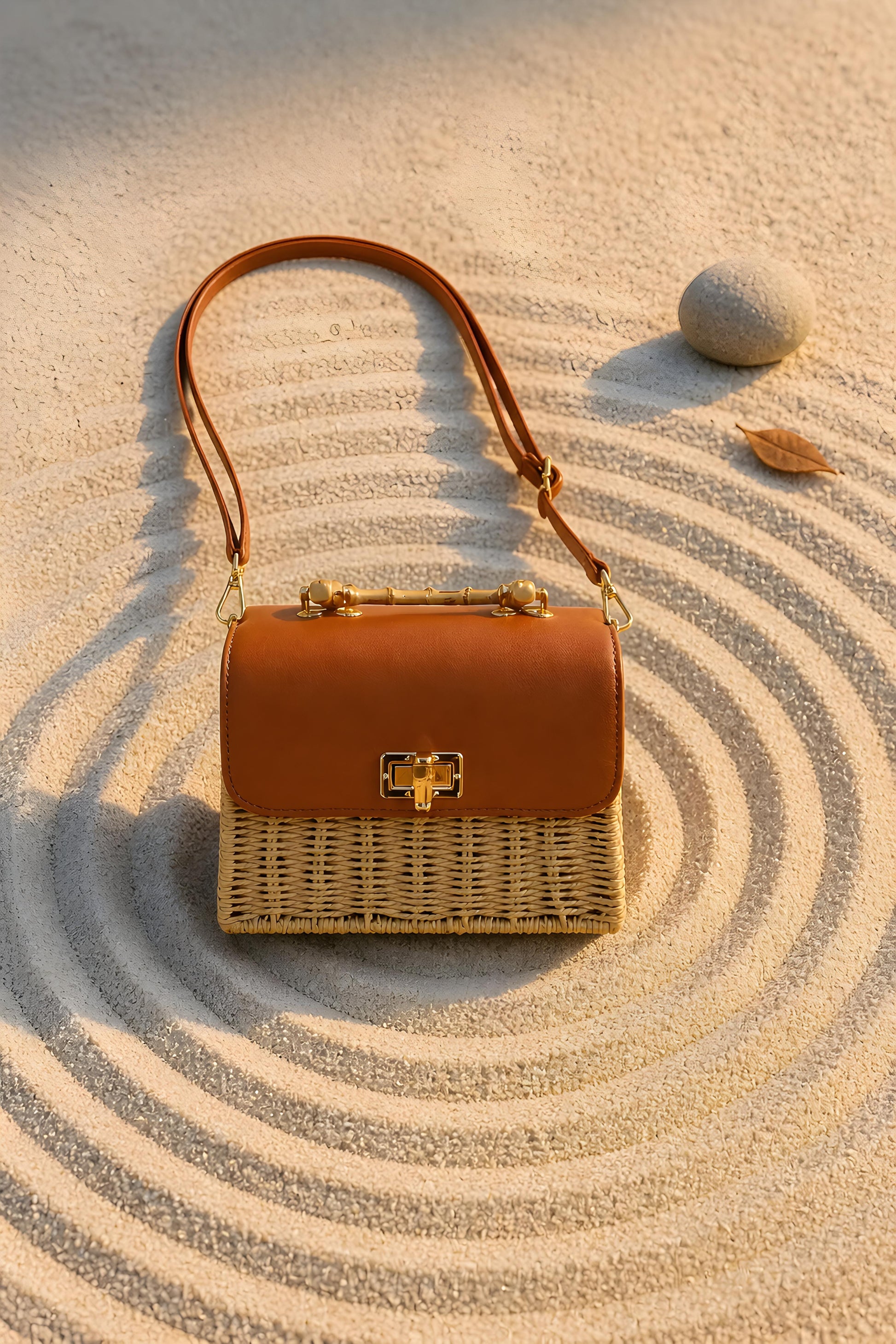 Bolso rígido de mimbre con asa de mano de estilo bambú y correa bandolera de piel  vegana extendida sobre arena.