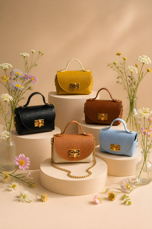 Colección de bolsos mini de piel Siena de Eutea en colores amarillo, negro, marrón, camel bicolor y azul cielo con cierres dorados.