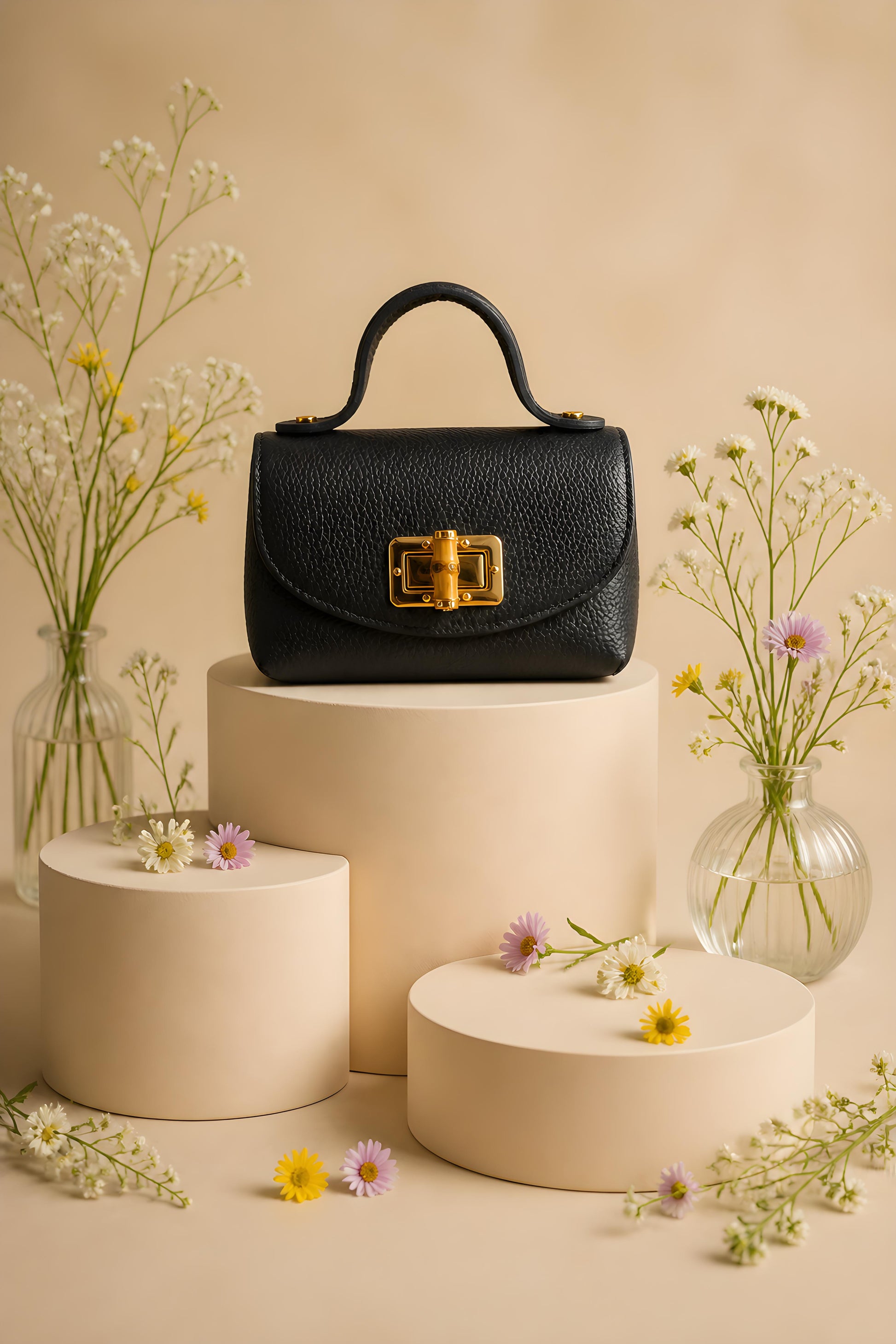 Mini bolso estructurado de piel granulada negra con cierre giratorio dorado.