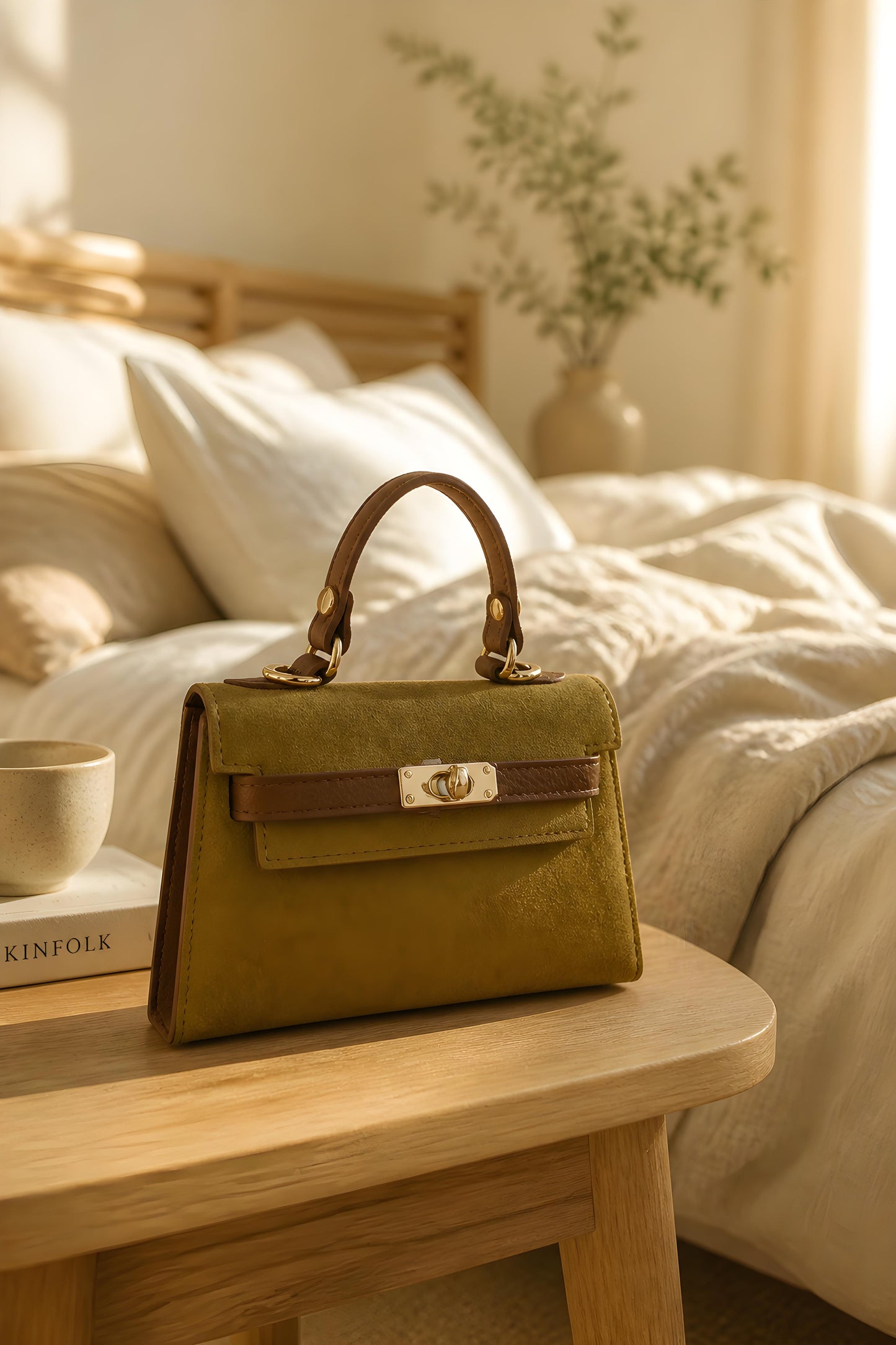 Bolso rígido de ante natural verde oliva Milán con solapa, correas cruzadas y asa de mano de piel real marrón cuero.