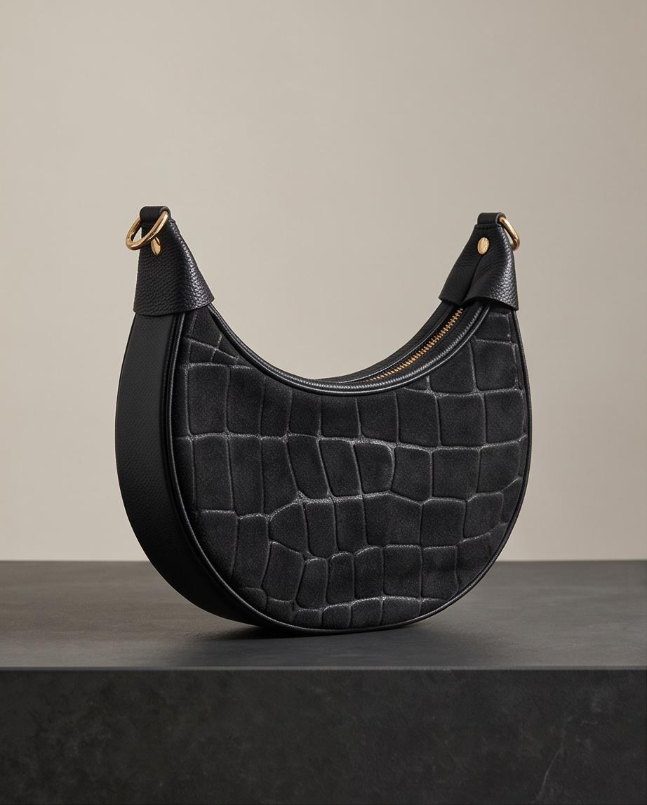 Bolso de piel Copacabana negro con acabado efecto cocodrilo